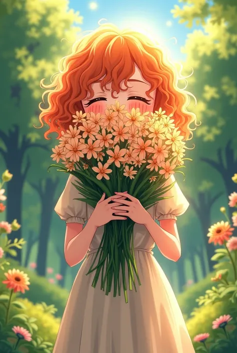 (anime girl) orange curly hair. In the garden, She stands holding a bouquet of flowers covering her whole face. HER EYES IS COVERED AS WELL, IF I SAID COVERS WHOLE FACE, I MEAN THE WHOLE WHOLE FACE The sun, shines down on her. She wears a dress, half body ...