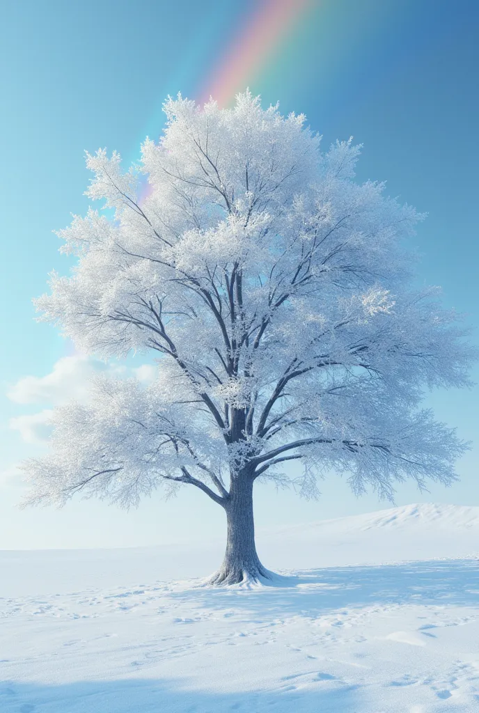 masterpiece,snowy tree, in the foreground, forcus on the tree, from below,background, rainbow:2.0 at sky,  best quality,  high d...