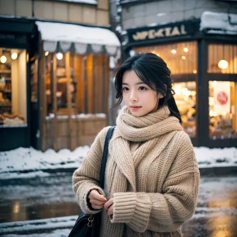 A hyper-realistic image of a single Japanese woman in her early 20s, captured with the nostalgic warmth and graininess of a film camera. She is standing in a bustling winter city street, surrounded by softly blurred details of buildings, shopfronts, and li...