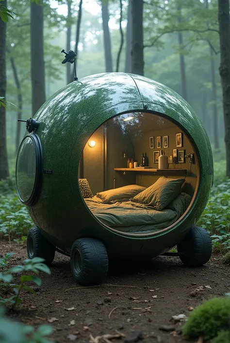 A cubic living space inside a large, tamper-proof, camouflaged bubble whose exterior is invisible and whose outer perimeter is a MIRROR. 
It contains electricity, a socket, a breathable opening that is not visible from the outside, food, drinks, technologi...