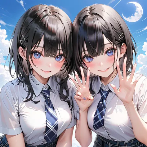 ( best quality), ( Ultra Hi-Res), ( high definition ), (超 high definition ), ( Highly Detailed CG), (32K), (masterpiece), two high school girls standing side by side、(A small breasts girl with short black hair and a smile v over eye, and a big breasts girl...