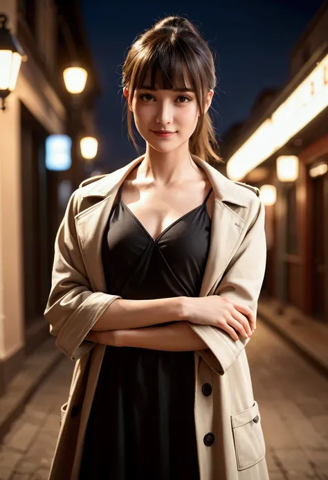 score 9, score 8_up, score 7_up, score real, beautiful face woman, gently smile、Accurate body expression,A foggy street corner、,((brown short hair, ponytail, blunt bangs)), amazing hourglass figure, ((black dress　over　 trench coat )),、 perfect figure, city...