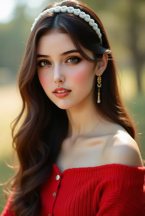 An editor shoot photograph of a young woman with a soft and elegant appearance. She has long, dark brown hair with subtle highlights, styled neatly with a white headband that accentuates her gentle features. Her deep, captivating red eyes express warmth an...