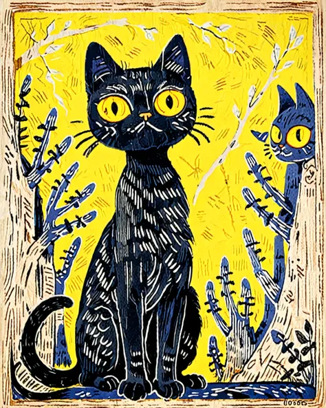 One cat、cat scratch board seen from the front、Woodblock print、 yellow eyes, , Lore、middle ages、Ireland、Celts、 fantasy、Illustrations