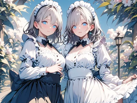 (woman),(最High image quality, 8k, masterpiece:1.3), (24 years old:1.5), ( gray hair ), ( semi-long),  (Full body shot、Fair skin、 maid outfit 、 Long Sleeve 、blue beautiful eyes 、Waiter、Elegant、 long skirt、garden、 party)), ([Ultra Clear:1.5), ( shiny skin:1....