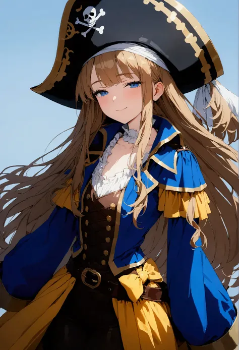 (masterpiece),(absurdres),(ultra detailed),(8k),(beautiful detailed),Pirate Outfit、Crew neck shirt、(simple shiny blue background:1.1),half-closed eyes,smile,cowboy shot,((solo lady),(23-year-old),(dark blonde hair:1.2),(straight long hair:1.1),(()),shiny b...