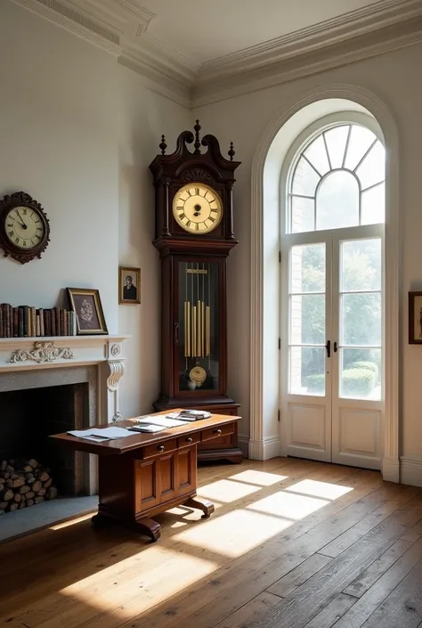 a large room ,  with white walls decorated with different photographs and some clocks ,  lying on the left you could see a large and beautiful fireplace ,  on the right side you could see a large window that looked out onto the huge patio where you could s...