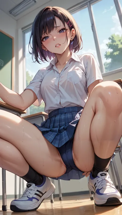 A high school girl plays the saxophone vigorously with her legs spread apart, crouching on her knees, blushing, sweating, from below, in the classroom