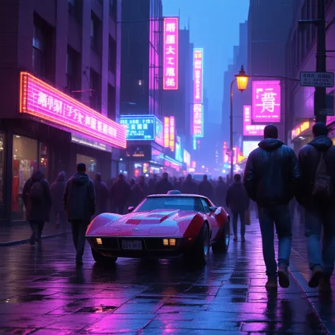 A vibrant 1980s downtown scene at night in 4K realism, with neon pink, blue, and purple lights illuminating a busy street. The textures of the rain-soaked pavement reflect the glowing neon signs. People dressed in oversized blazers, high-waisted jeans, and...