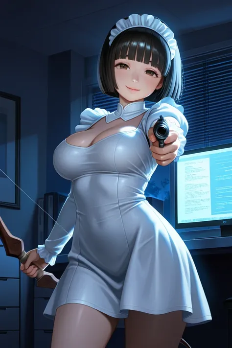 1girl, standing, holding a bow (weapon), aiming at viewer, glowing whole body, cowboy shot,
BREAK girl, 22yo, short hair, (bob cut:1.2), ear, (blunt bangs), black hair, (tareme, detailed cute brown eyes), curled eyelashes, (large breasts:0.8), 
beautiful d...