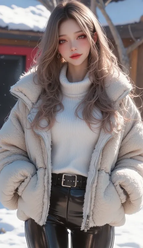 (masterpiece, Best picture quality, 8k),  real photo ,Idol appearance,winter,Sunny day,adult,  perfection of fashion,  Korean makeup, Lip Tint, whole body, frontal, A faint smile,Outdoor, Exquisitely Painted , Realistic,  Ultra High Definition, 3D image,  ...