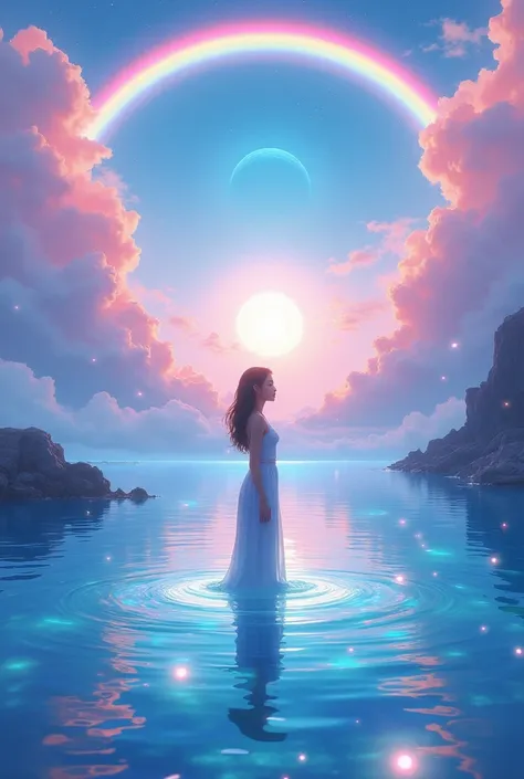 a woman standing in the water with a rainbow in the sky, heaven planet in background, dreamy psychedelic anime, island floating in the sky, ufotable art style, anime beautiful peace scene, vaporwave surreal ocean, heaven!!!!!!!!, colorful anime movie backg...