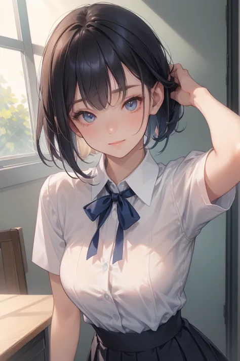 ((Beautiful breasts:1.3、Slender body、High school girl))、(((Short sleeve white shirt、Navy blue ribbon、 Dark Blue Short Pleated Skirt、Beautiful thighs)))、(( Black Hair Straight Medium Bob :1.3))、(( Perfect Body 、 anatomically accurate))、(( Innocent Smile ))、...