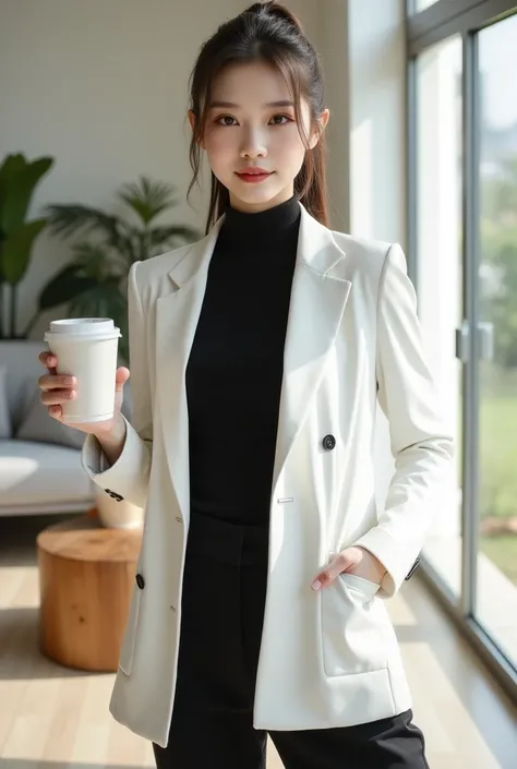 Thai woman, A sophisticated Asian teenage girl in a sleek monochrome outfit, featuring a tailored white blazer over a black turtleneck and high-waisted pants. Her hair is styled in a sleek ponytail, and she wears minimalist jewelry. She stands confidently ...