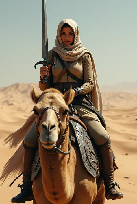 Arab woman with sword and war clothes riding a camel with armor and body protection 