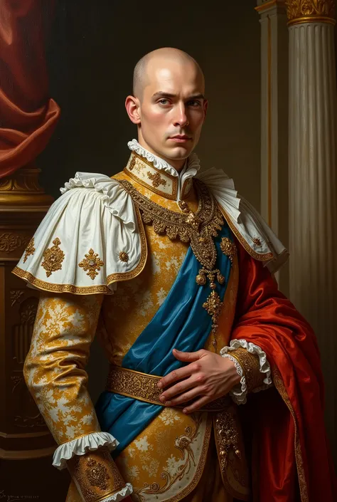 young, bald, man, monarch, painting, sublime pose, like an emperor in the 18th century, remove earrings 