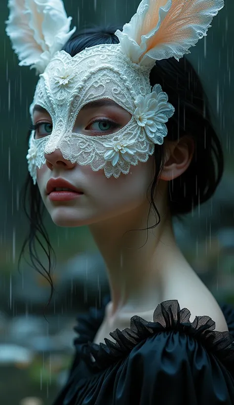 A captivating close-up captures the enchanting visage of a ravishing beauty, her porcelain-like skin aglow beneath the delicate filigree of an intricately designed white silk lace bunny rabbit mask. Her raven tresses, cropped short to frame her heart-shape...