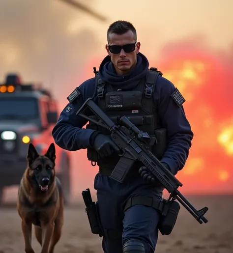 Brutal, handsome soldier under cut hair wearing sunglasses dark indigo-blue camo uniform, rifle and war dog , patrol vehicle, battle zone, helicopter , dusty and fire and smoke, burst, red gackground atmosphere, actual high resolution 