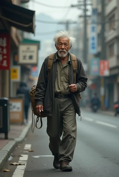 "Realistic portrait of a middle-aged Japanese man in his 50s, walking down a street with a cigarette in his mouth. His expression is indifferent and slightly weary, with deep lines on his face that suggest a hard life. His unkempt, messy white hair is wild...