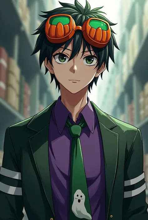 Dark green Shinichi Sakurai wearing a purple shirt and a green jacket with two white stripes on each sleeve of his hands and orange goggles in the shape of a pumpkin with green visors hanging around his neck next to a green tie with a white ghost in the mi...