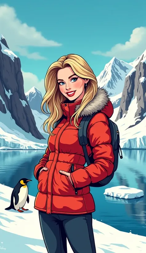 American Comics。Thick outline、Flat Color。Beautiful Antarctic tourist woman、smile。