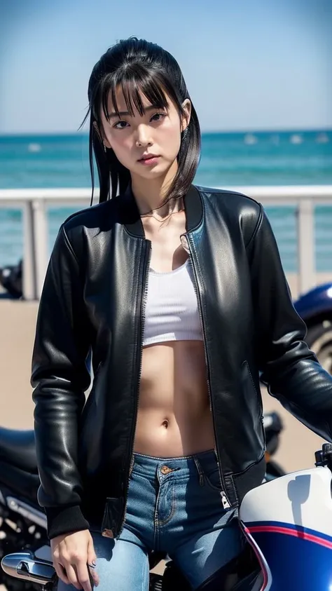  Japanese Women. She is 30 years old。Very very muscular。She has brown hair。Your abs look so strong。Cute eyes.She is very sweaty。 (wearing an enamel black jacket and pants :1.5)。  she wears black gloves 。Background、In a seaside、(she is riding on a big motor...