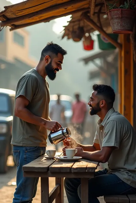 Virat Kohli in giving at tea stall giving tea to cristiano ronaldo sitting at table in casual clothes