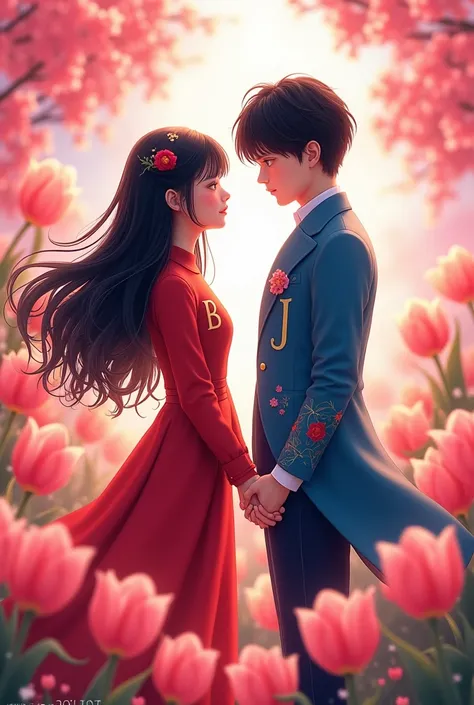  A girl with long black hair dressed in red with a B in her clothes,  next to a black-haired boy dressed in blue with a J in her clothes  , holding hands , surrounded by pink tulips  