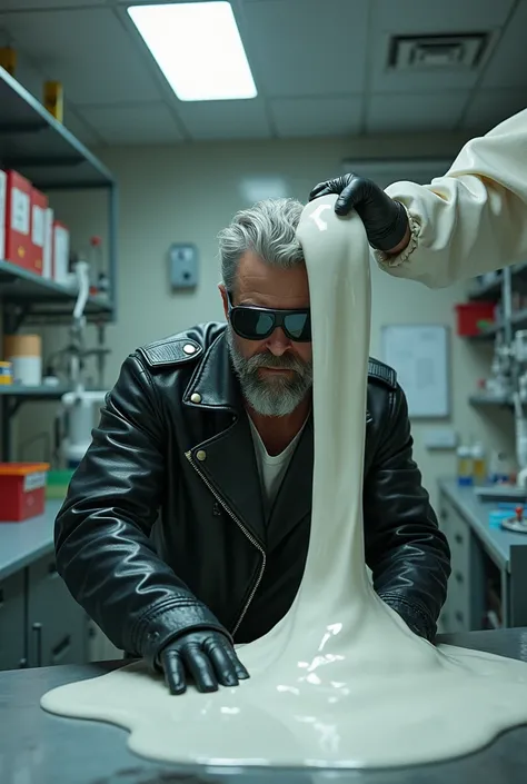 Draw me a drawing image pouring a white substance onto a biker in a laboratory