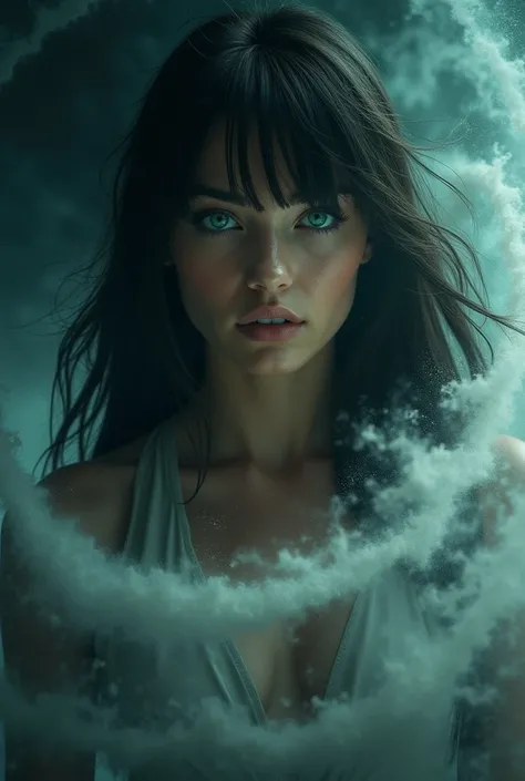  Show me a kinetic image of a brunette woman with straight hair and bangs, aux yeux bleu turquoise, le regard perçant, She is in the heart of a tornado , dark background