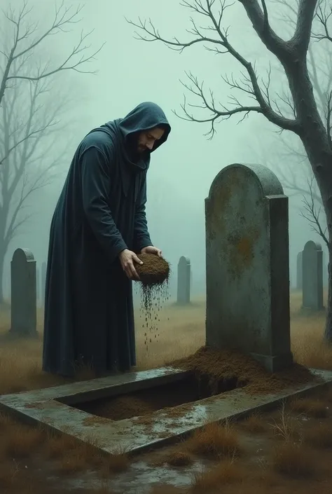 I understood,  this is a very impactful theme full of symbolism .  I will create an impressionist-style image with this description :

- **scenario:**  A cemetery on a cloudy day .
- ** character 1 :**  A man throwing dirt on a sepulcher .
- **character 2:...