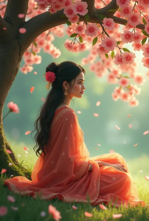 Sitting behind under flowers tree and flowers leaves falling on her, Shy and smile cute beautiful women wearing saari 