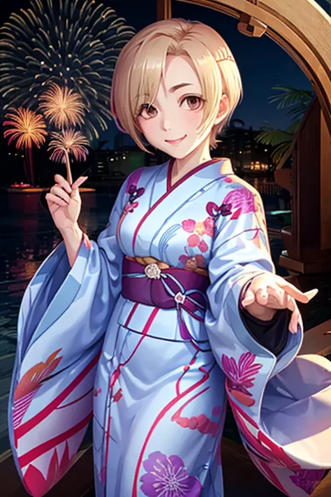 Fireworks are being set off. A cute woman wearing a resting yukata is having fun.  The masterpiece has a mischievous smile on her face .、 Blonde, Hair above the eyes,  Short Hair ,  Brown Eyes  ,  flat chested , (  perfect hand to get close to a mirror,  p...