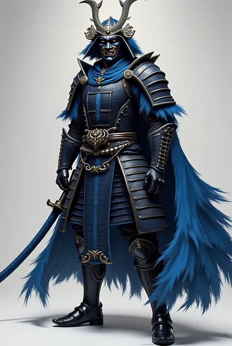 male samurai with blue tiger style armor, black and blue arm and shoulder armor, black mask with dragon eyes and fangs, black and blue leg armor and a long katana sword with dragon-style features with a blue handle and a black and silver armored cape