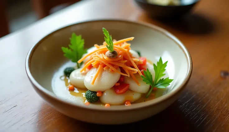 a delicious appetizing japanese cuisine, minimalist japanese food, simple yet elegant japanese dish, japanese culinary art, asian food photography, natural lighting, highly detailed, intricate plating, ceramic dishware, wooden table, soft shadows, warm col...