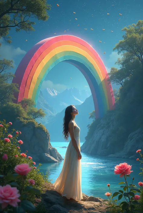 best quality, high resolution, ultra detailed, realistic, A woman sings at the foot of a seven-colored rainbow bridge, gazing at the river, a closed rosebud, a peacock spreading its wings in the wind, a swarm of bees, an endless night,