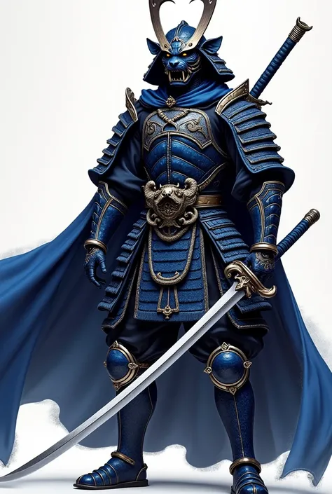 male samurai with blue tiger style armor, black and blue arm and shoulder armor, black mask with tiger eyes and fangs, black and blue leg armor and a long katana sword with dragon-style features with a blue handle and a black and silver armored cape