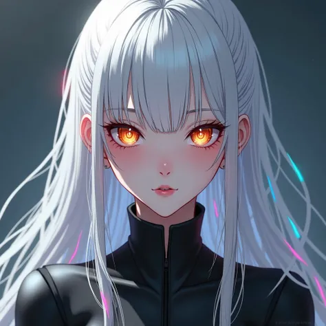  A white-haired woman ,  long and with colored hair strands , Amber eyes, pale skin,  pink lips and pink cheeks ,  dressed in black and looking like an advanced civilization, realistic anime 2 .0