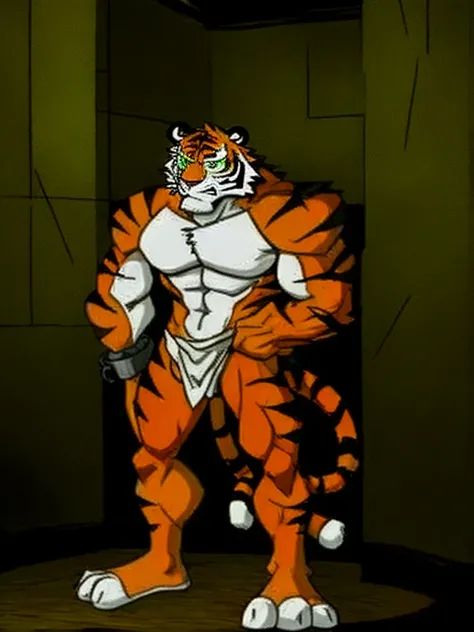 Humanoid Tiger,Green Eyes,((No tail )),muscle,Naked,fur,three toes , black stripes, orange body, white chin ,white boobs,White belly,white hands and feet,indoor,cell,shackles,The six-foot cloth ,Sexy, Quality Best ,masterpiece,Cartoon,8k.