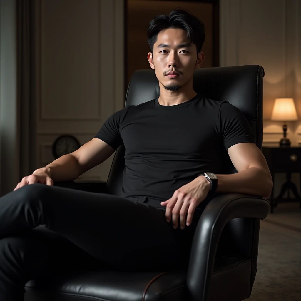 A handsome Korean man of 28 years old in tight shirt and tight trousers with big bulge, sitting and leaning against an executive chair, in an office room, posing cool from a low angle, confident, Art photography, sexy portrait, Style for lighting and posin...