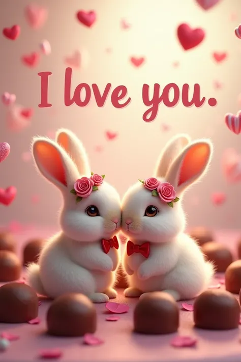 Two rabbits in love with chocolates and this text I love you