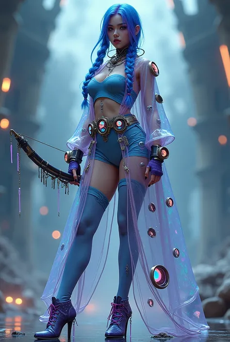 Full body a steampunk, sureal,strong, breast up a girl beatiful, long hair Braid losse ombre face Korea,, face pirching, with blue purple Made from cyberpunk blue, purple,white transparan motif leather, robe with many Zipper with many various size of circl...