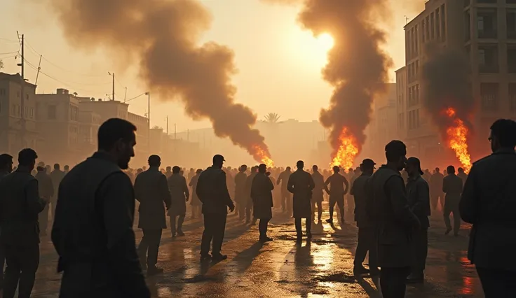 A dramatic scene depicting the escalating tension in Palestine immediately after the approval of the 1947 partition plan. The image shows a divided city with increasing unrest—protests and clashes erupting in the streets between Jewish and Arab groups. Smo...