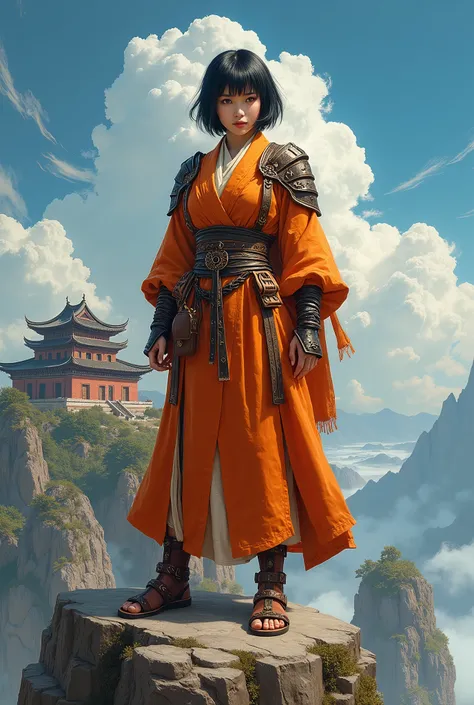 In RPG style, in style of Dungeons & Dragons, in style of fantasy painting. Full body view, looking at the viewer. image of a female chinese monk, short black hair. orange robe armor with leather elements. leather bracers, leather shoulder pads. Dark pants...