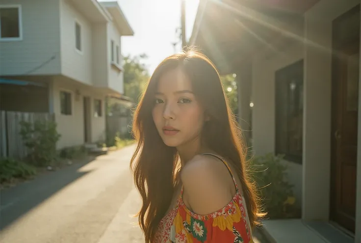 35mm vintage film, A young thai girl
The lighting in the image is soft and natural, Street fashion photography, a thai model girl wore 70s hippy fashion style clothing, fashion pose on alley way, mid century home architect in background. ray light, sun bea...