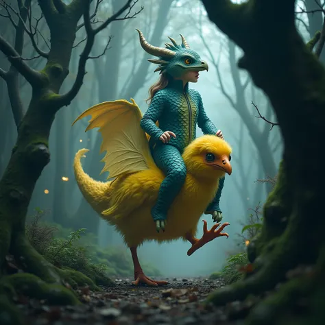 Woman dressed as a blue-green dragon riding a yellow chick in a dark forest