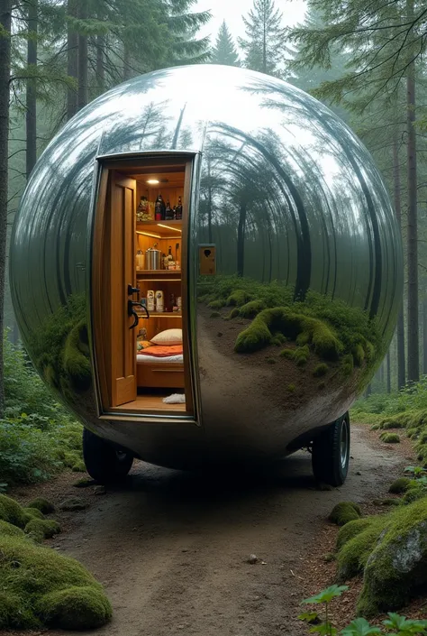 
NO WHEELS
NO WHEELS 
A living space inside a large, tamper-resistant, camouflaged balloon that is invisible from the outside, has a mirror on the outside, is rolling and has absolutely no wheels. 
MIRROR WINDOWS
It contains electricity, a socket, a breath...