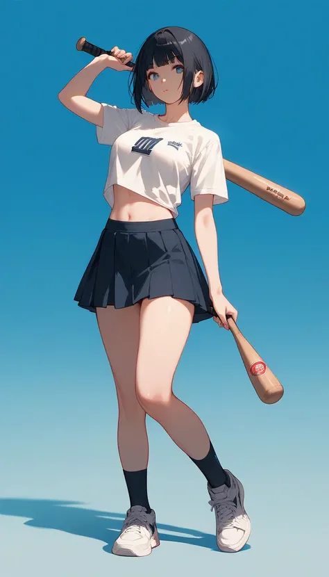 close up,, standing, full body, ((thighs)), score_9, score_8_up, score_7_up, (solo), 1girl, blunt bang, black hair, bob haircut, ((hands)), fingers, stomach, ((white t-shirt)), medium breast, (skirt), socks, sneakers, ((pose)), stomach, baseball bat, blue ...