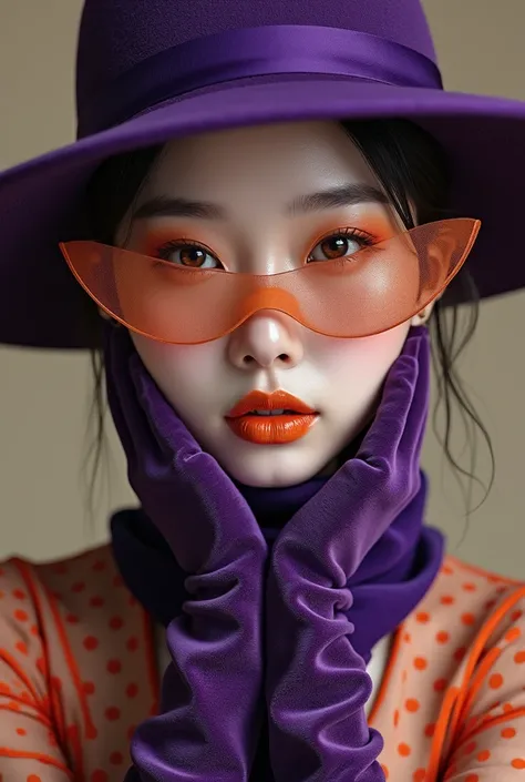 A hyperrealistic photograph featuring a mysterious Korean woman with a sophisticated style. She wears a wide-brimmed purple hat paired with an elegant polka-dot orange mesh veil that partially conceals her face. Her makeup is flawless, with a striking meta...