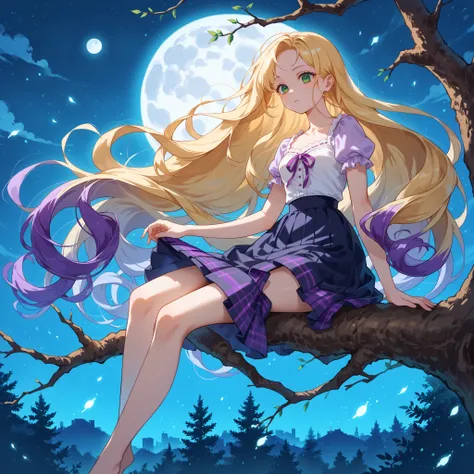 score_9, score_8_up, score_7_up, source_anime,
surreal, 
 1girl,k-pop idol,  Very long hair ,  floating hair , glowing hair , 
 night scene,Moon in the sky, purple shades ,Naked only the skirt , has no underwear,lifts her skirt, sits on a tree branch ,ligh...